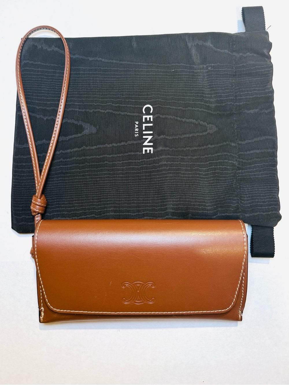 Celine Brown Leather Wristlet Sunglass Case Clutch with Wrist Strap and dustbag